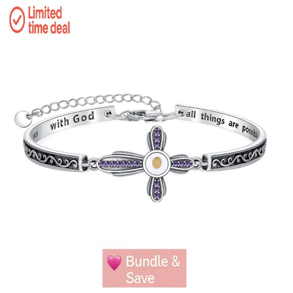 Sterling Silver Mustard Seed Cross Bangle Bracelet with Birthstones